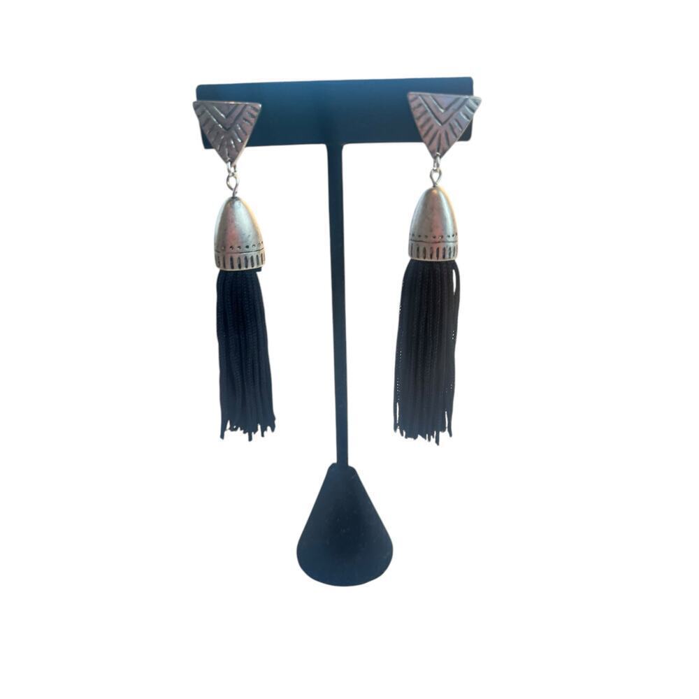 WOMENS EARINGS STAMPED SILVER TONE FRINGE TASSEL BOHO WESTERN PIERCED EARINGS